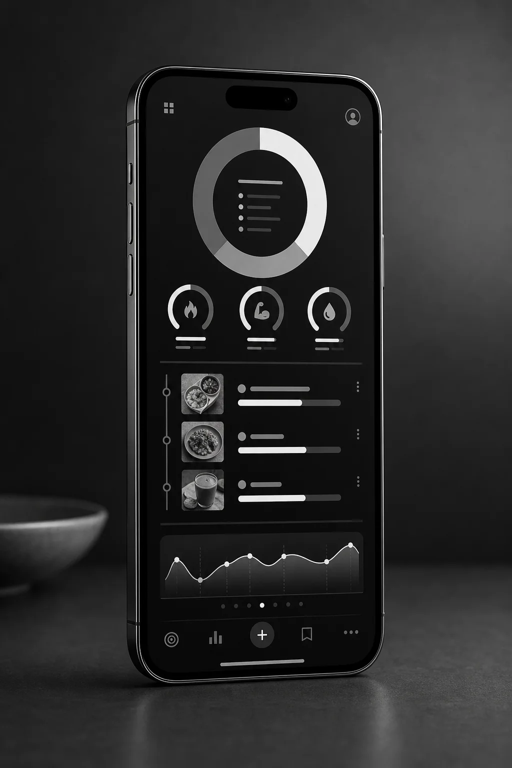 Meal Lens nutrition dashboard shown on a black smartphone