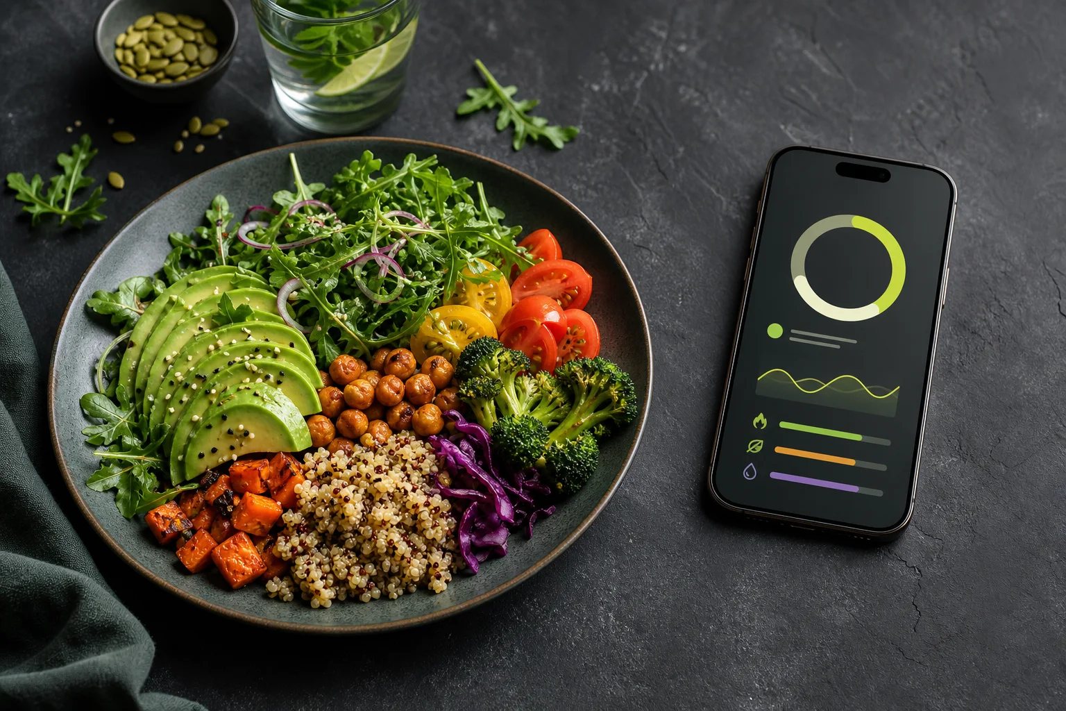 Meal Lens nutrition analysis shown beside a fresh meal