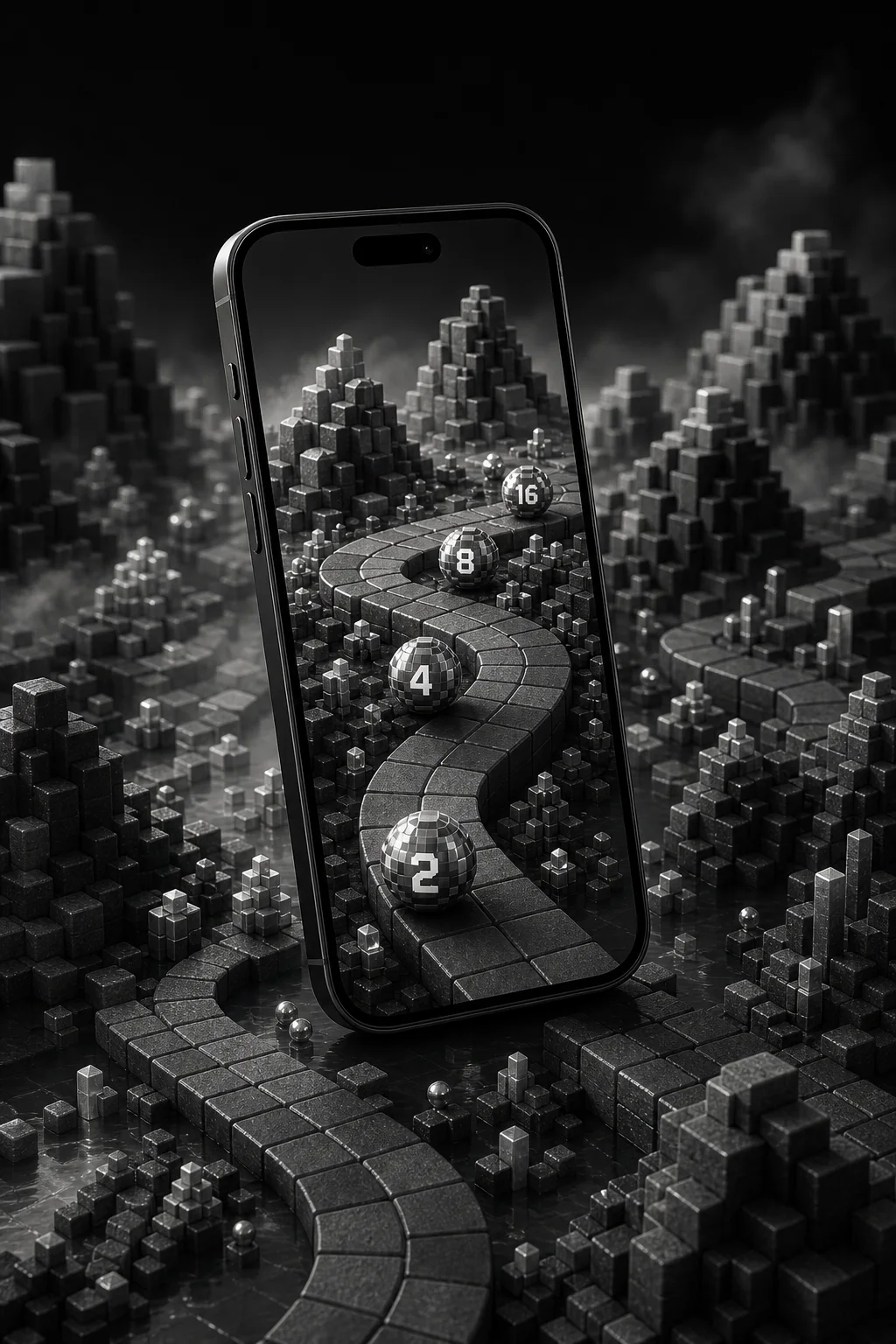 Voxelfold merge puzzle shown on a black smartphone